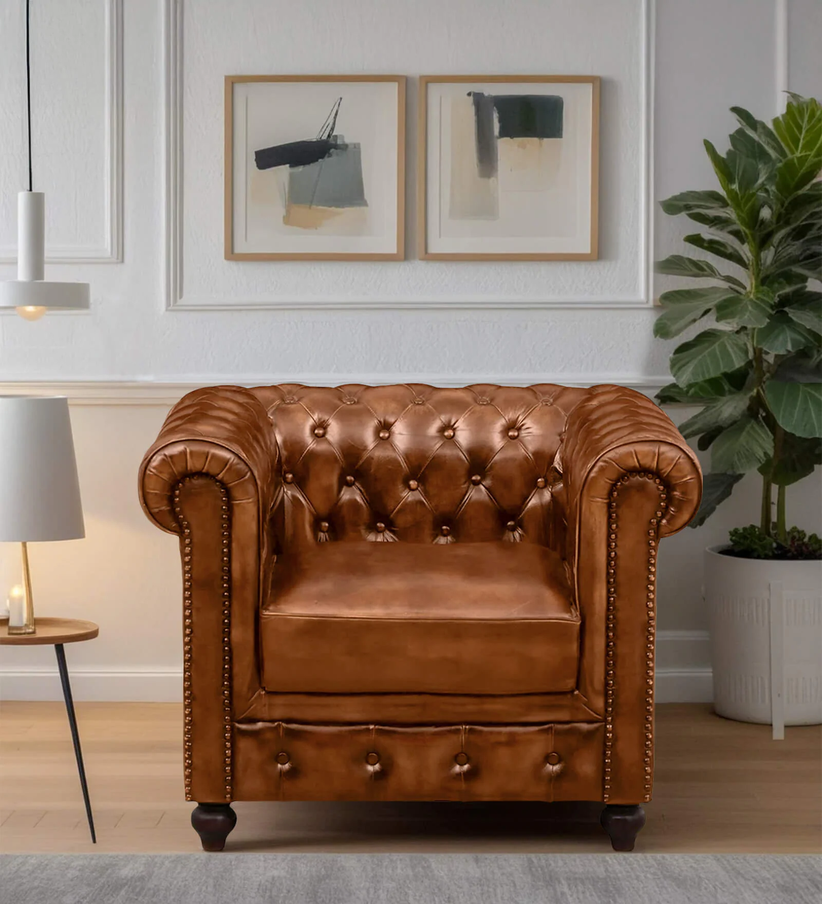 Miceli Leather 1 Seater Sofa In Tan Finish