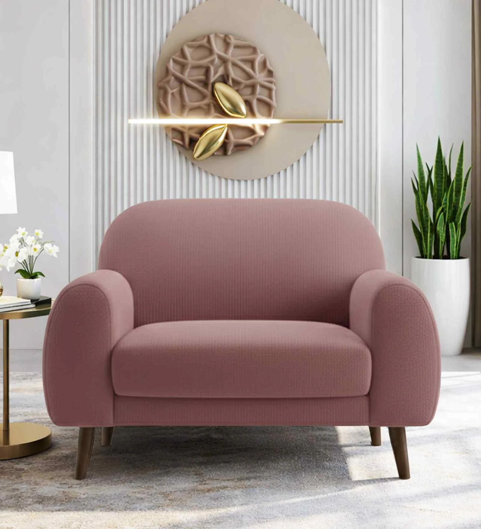 Elegant Velvet Fabric 1 Seater Sofa In Onion Pink Colour